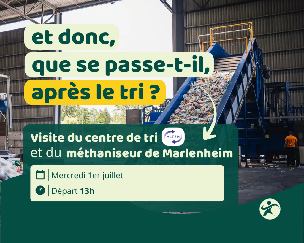 Illustration d'une centrale de tri des déchets accompagné de du titre "et donc, que se passe-t-il après le tri ?" et des détails de l'évènement.