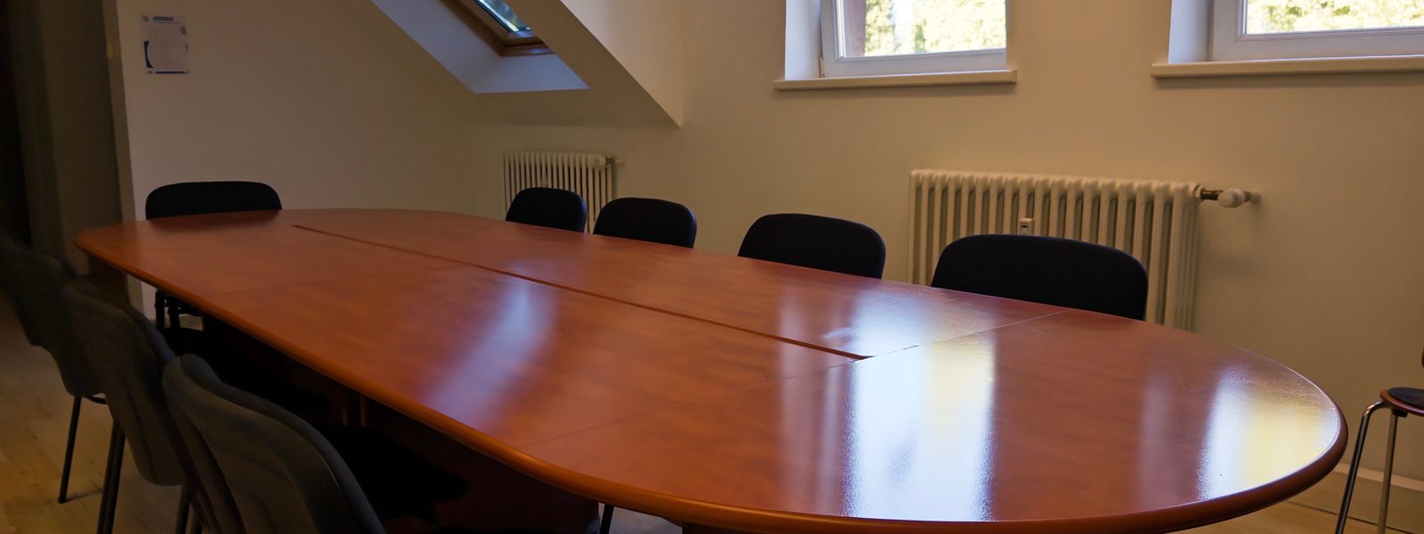 Salle de réunion équipée d'une grande table de conférence ovale en bois, de chaises, de fenêtres et d'une verrière.