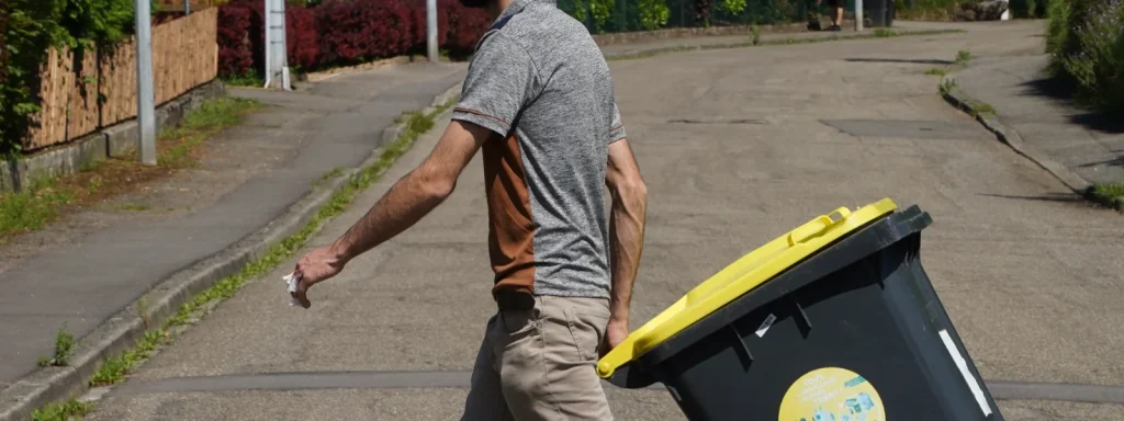 Homme tirant une poubelle jaune